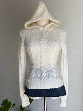 American Eagle Outfitters Cream Cable Knit Hooded Sweater